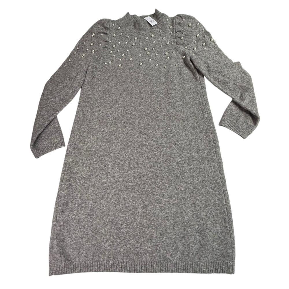 NEW Ann Taylor Pearl Mock Neck SWEATER DRESS Women's MED Heather Gray Soft NWT